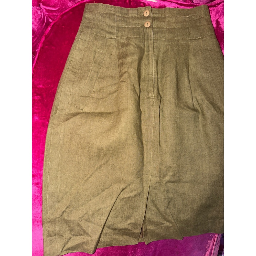 Ann Taylor Vintage 100% Linen Midi Skirt Olive Green High Waist Pockets Size 4